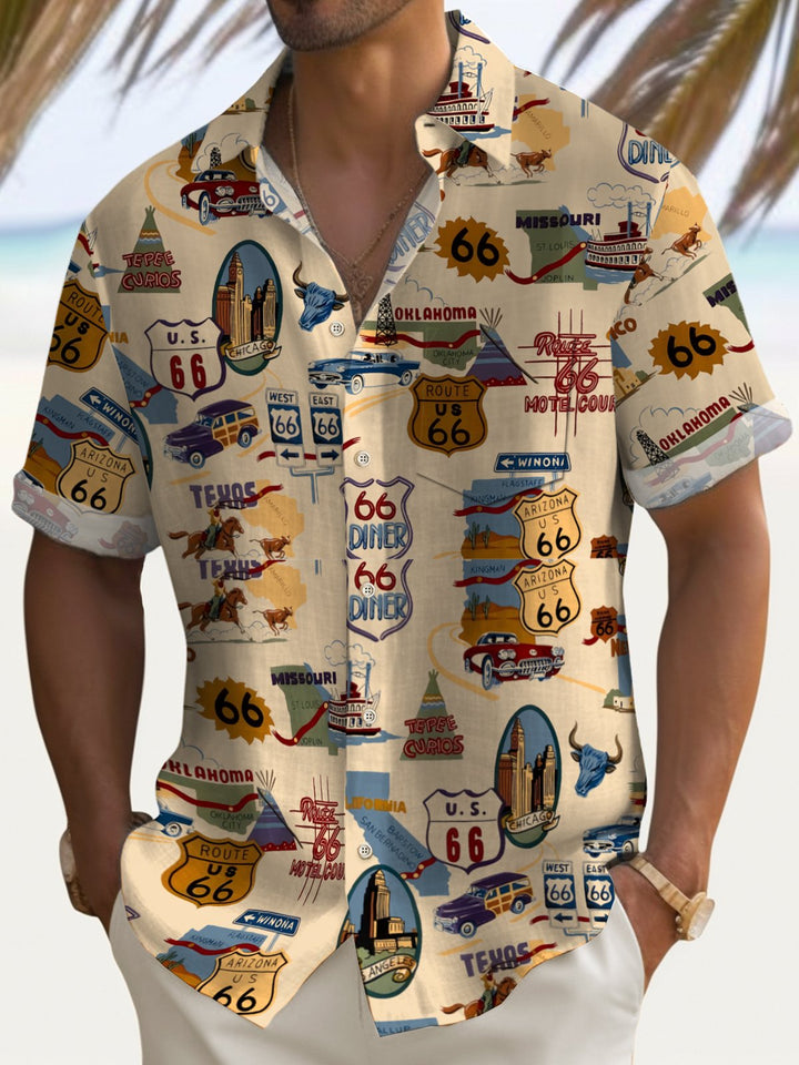 Camisa de manga corta con bolsillo abotonado para hombre con estampado retro de la Ruta 66 de Alohadaddy
