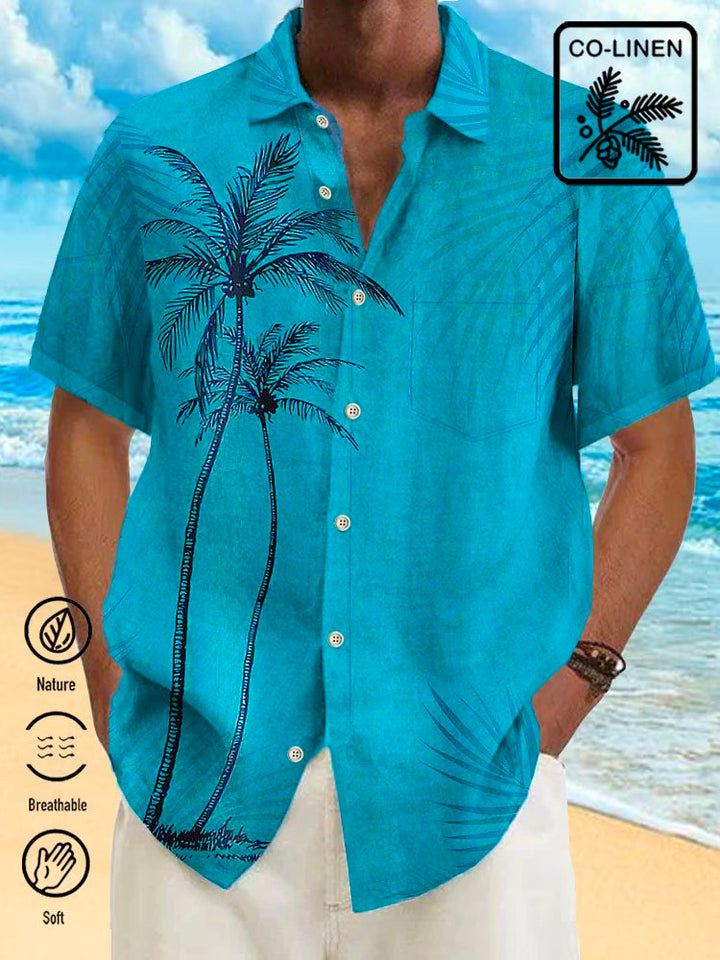 Camisa hawaiana de algodón con bolsillos abotonados y diseño de árbol de coco azul helado para hombre de Alohadaddy