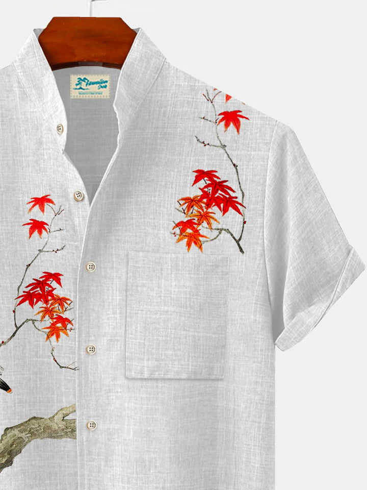 Alohadaddy Cotton Linen Stand Collar Parrot Floral Print Men&