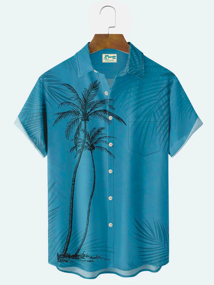 Camisa hawaiana de algodón con bolsillos abotonados y diseño de árbol de coco azul helado para hombre de Alohadaddy
