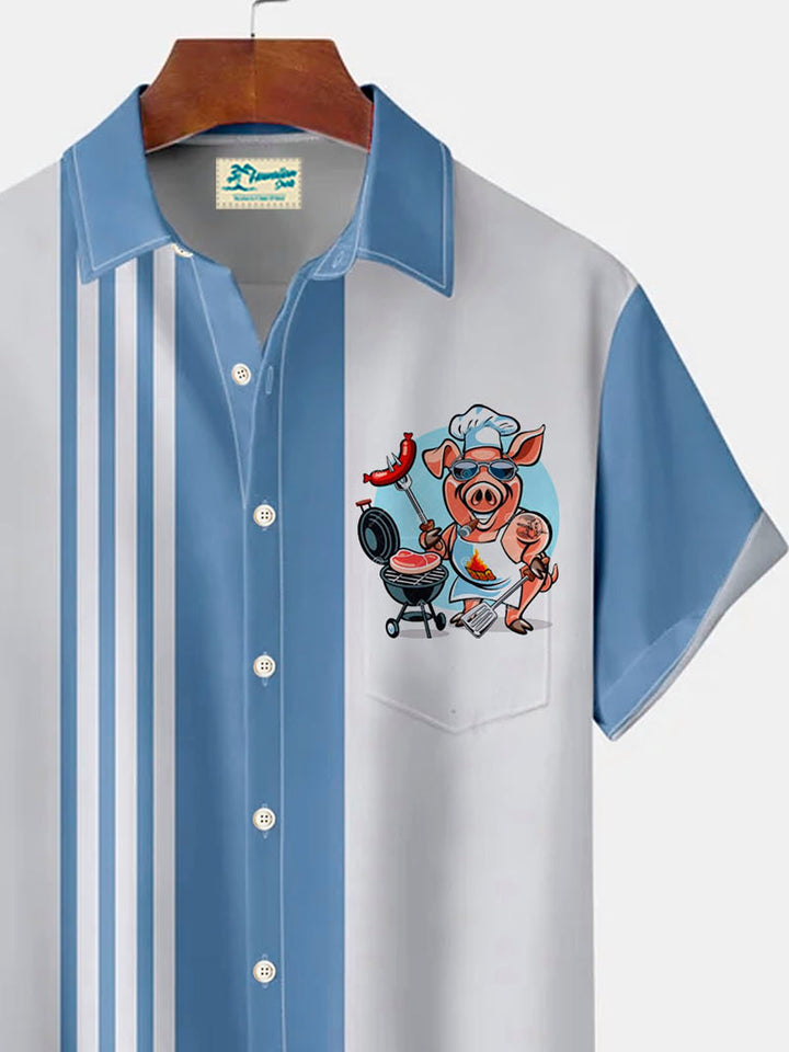 Alohadaddy Vintage Bowling Stripe BBQ Print Men&