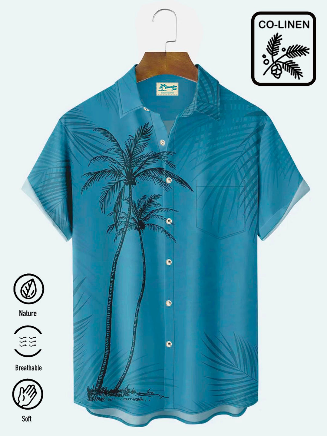 Camisa hawaiana de algodón con bolsillos abotonados y diseño de árbol de coco azul helado para hombre de Alohadaddy