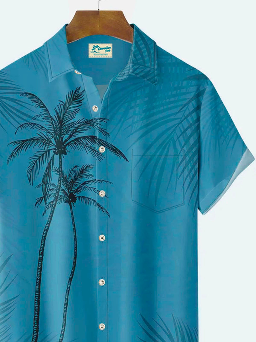 Camisa hawaiana de algodón con bolsillos abotonados y diseño de árbol de coco azul helado para hombre de Alohadaddy