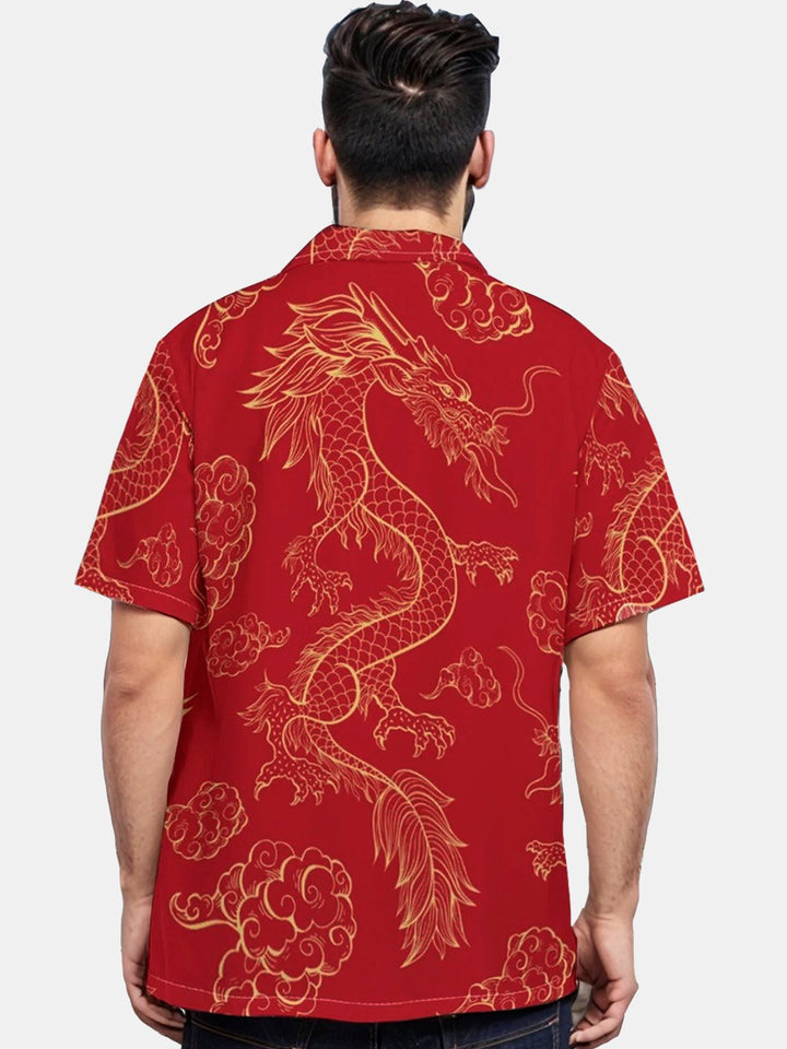Camisas de hombre Alohadaddy de Año Nuevo con diseño de dragón oriental rojo, elásticas, japonesas, de fácil cuidado, con bolsillos festivos, grandes y altas