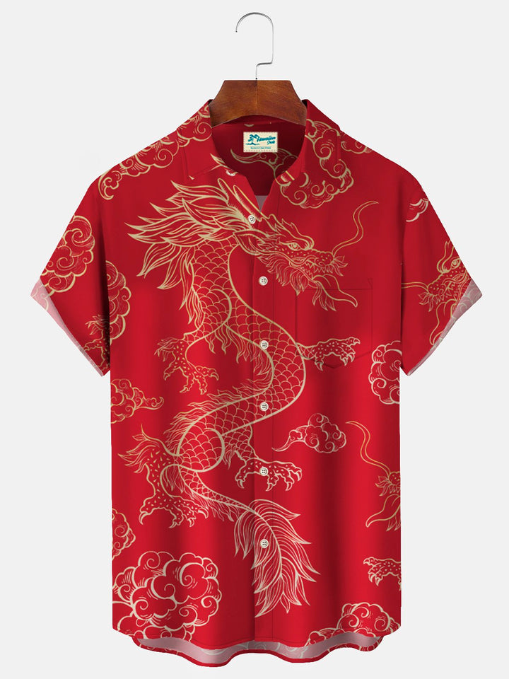 Camisas de hombre Alohadaddy de Año Nuevo con diseño de dragón oriental rojo, elásticas, japonesas, de fácil cuidado, con bolsillos festivos, grandes y altas