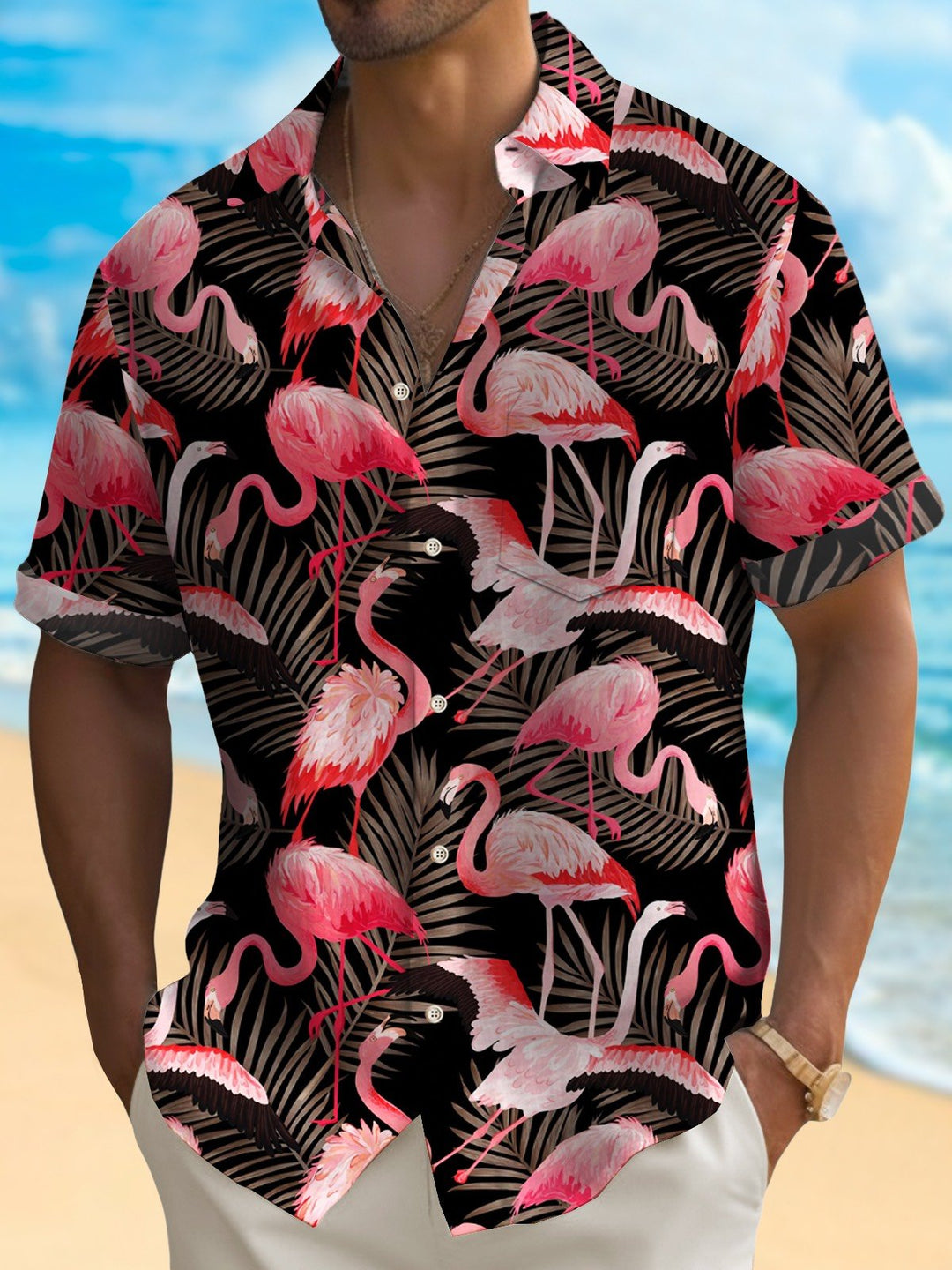 Chemise hawaïenne Alohadaddy à imprimé flamant rose pour homme avec poche boutonnée