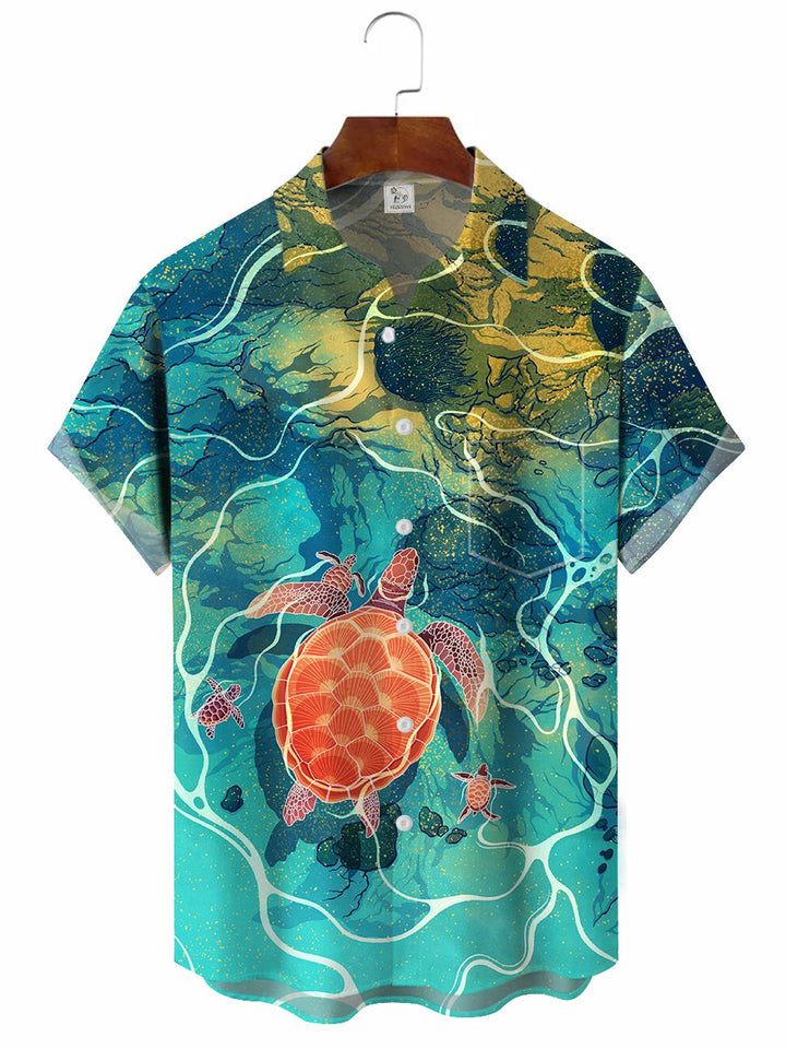 Camisa hawaiana de manga corta con estampado de tortuga y océano para hombre
