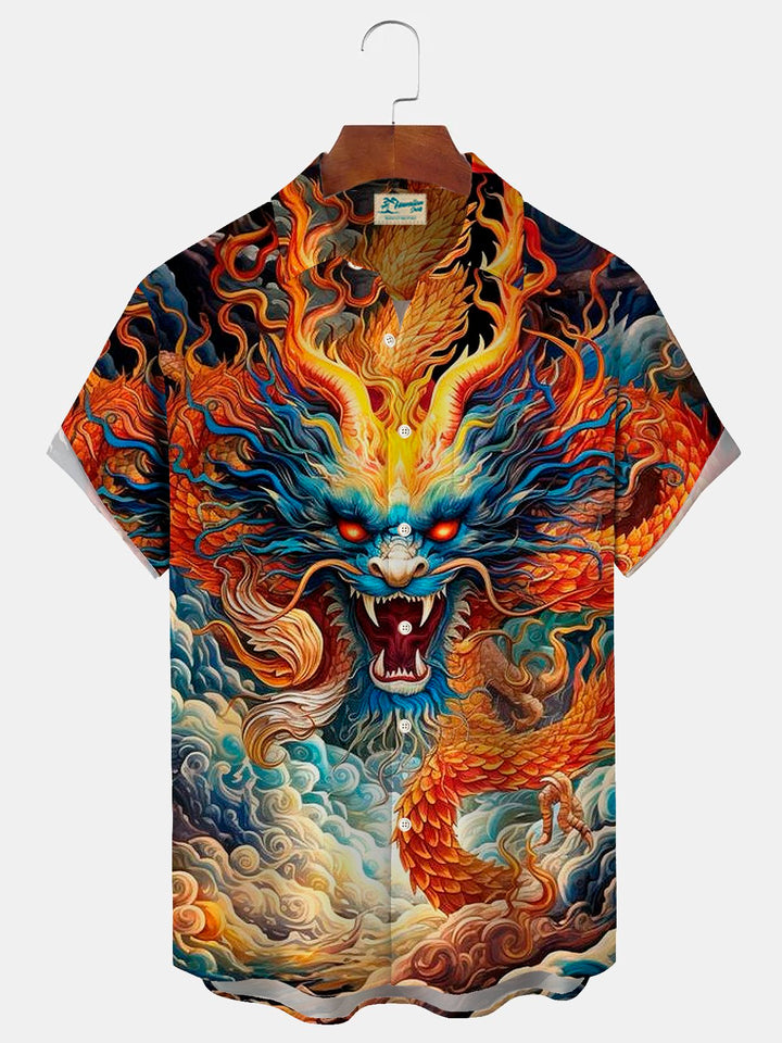 Camisa con bolsillo abotonado para hombre con estampado de dragón Ukiyoe vintage de Alohadaddy