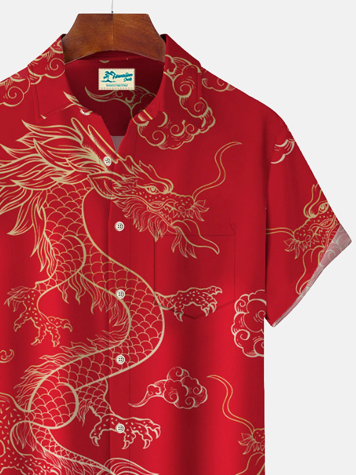 Camisas de hombre Alohadaddy de Año Nuevo con diseño de dragón oriental rojo, elásticas, japonesas, de fácil cuidado, con bolsillos festivos, grandes y altas