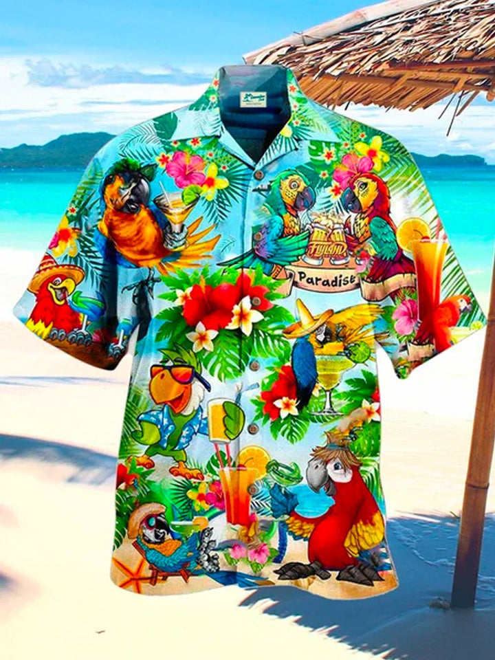 Camisa hawaiana grande y alta con estampado de loro Paradise para hombre, cuello de campamento, Alohadaddy