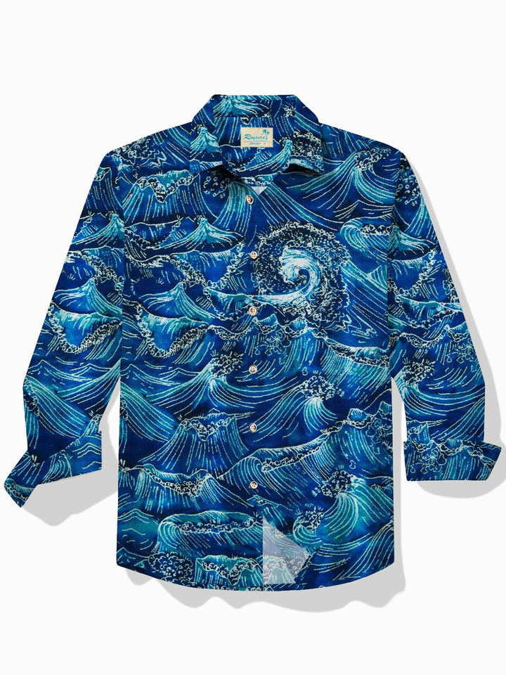 Camisa de manga larga para hombre de estilo japonés Ukiyoe Wave de Alohadaddy, vintage, elástica, de fácil cuidado, con bolsillo, para campamento, talla grande