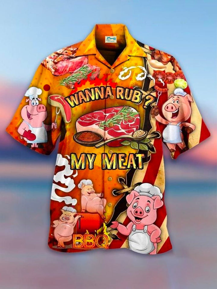Camisa hawaiana de manga corta con botones y estampado "Wanna Rub My Meat" para hombre con comida de cerdo para las fiestas