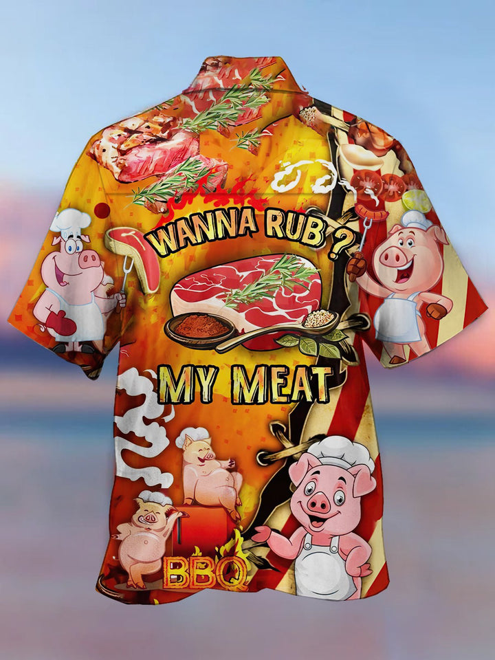 Camisa hawaiana de manga corta con botones y estampado "Wanna Rub My Meat" para hombre con comida de cerdo para las fiestas