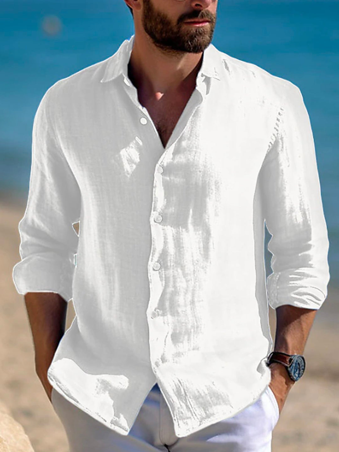 Camisa de manga larga con bolsillos y botones para hombre con estampado básico liso Alohadaddy