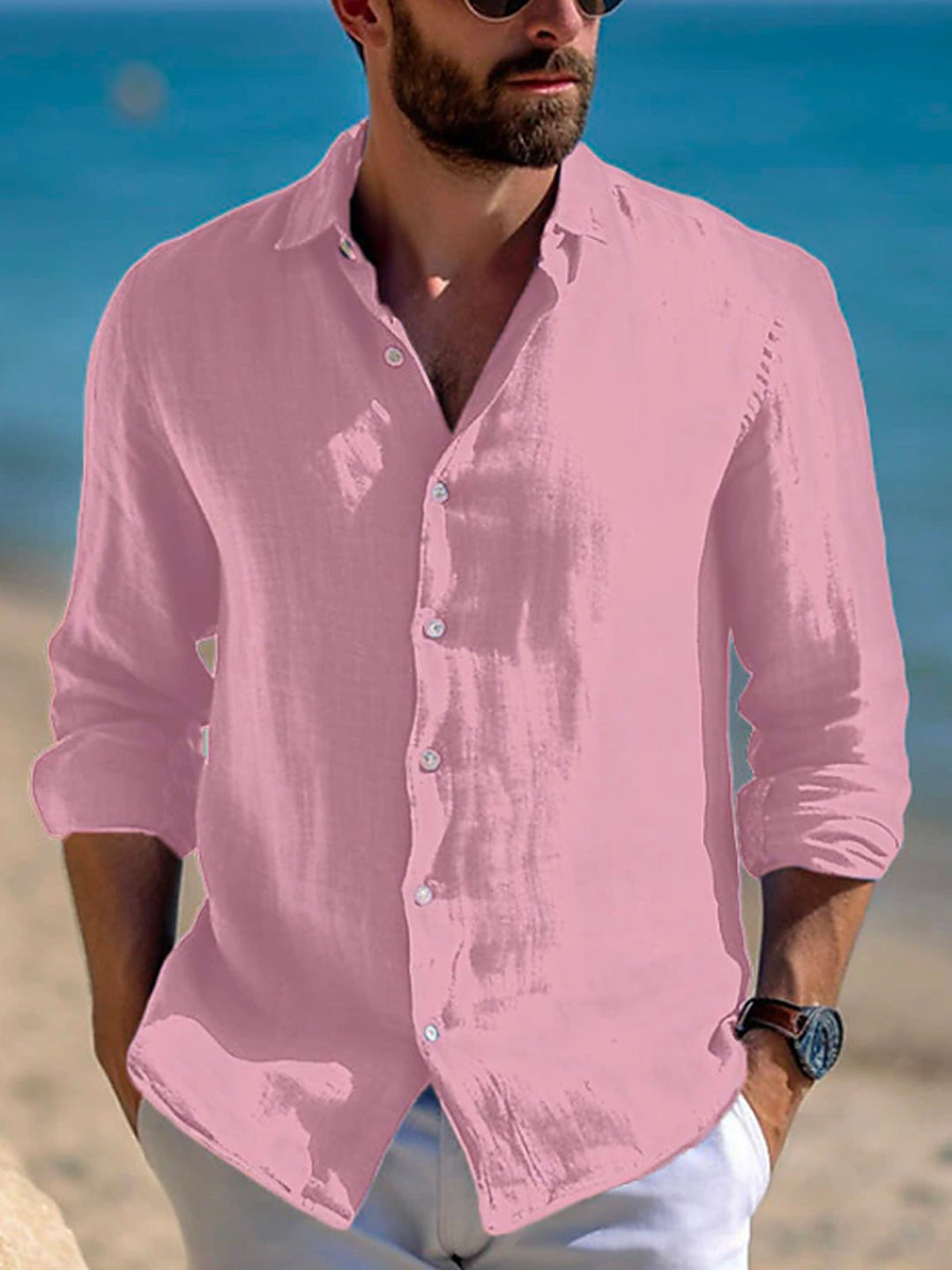 Camisa de manga larga con bolsillos y botones para hombre con estampado básico liso Alohadaddy