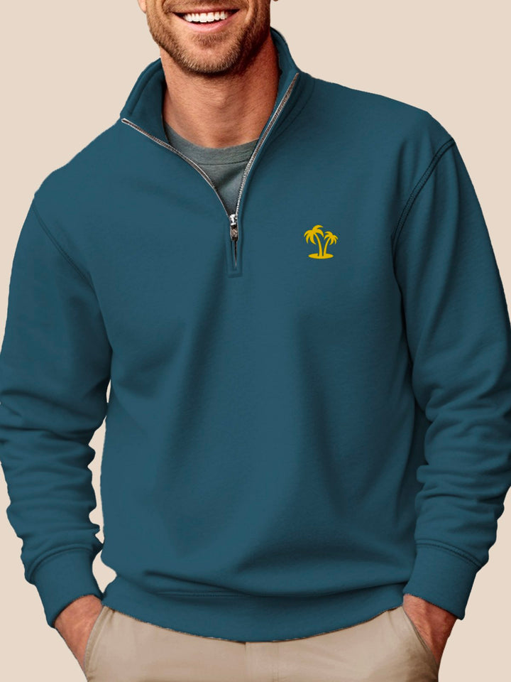 Sudadera con cuello alto y media cremallera para hombre de Alohadaddy, color gris, con diseño de árbol de coco, fácil de usar, elástica, de talla grande, para campamento de vacaciones