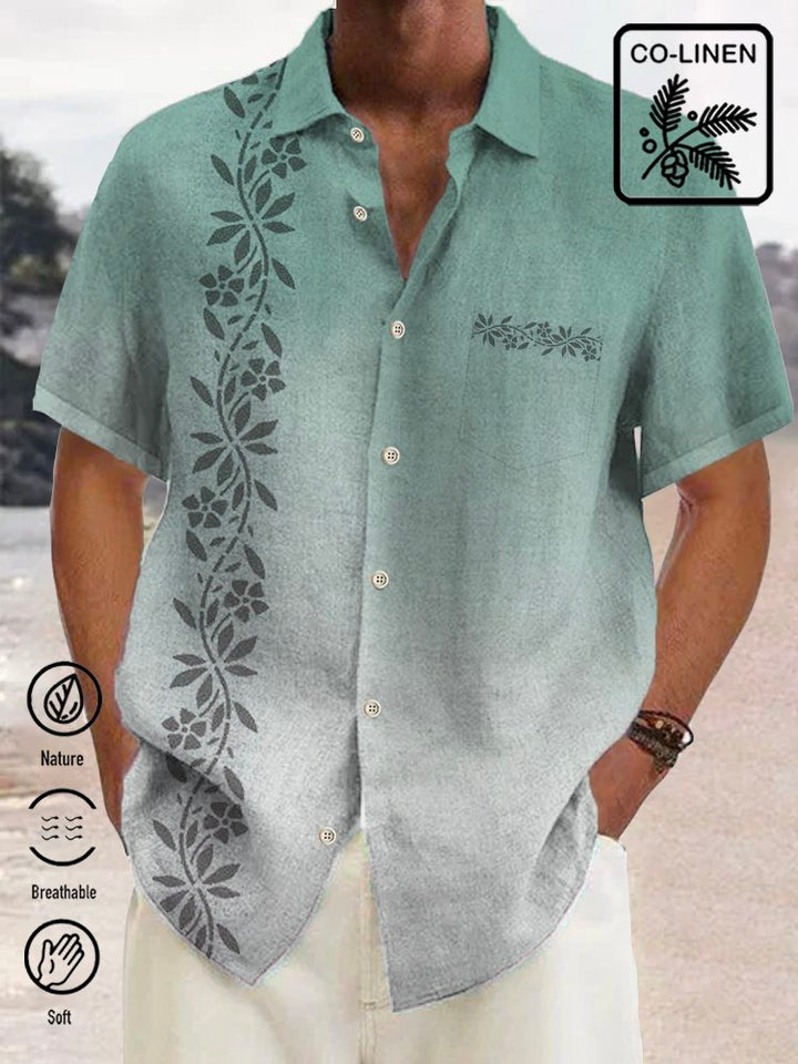 Alohadaddy Cotton and Linen Ombre Leaf Print Breast Pocket Shirt Plus Size Resort Shirt