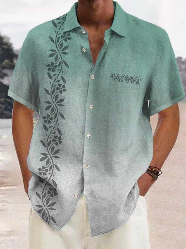 Alohadaddy Cotton and Linen Ombre Leaf Print Breast Pocket Shirt Plus Size Resort Shirt