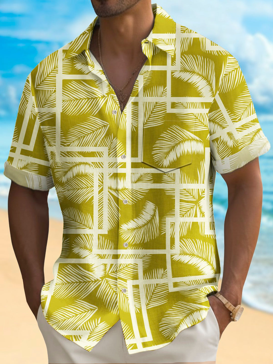 Camisa hawaiana Alohadaddy con estampado geométrico botánico y bolsillos abotonados para hombre