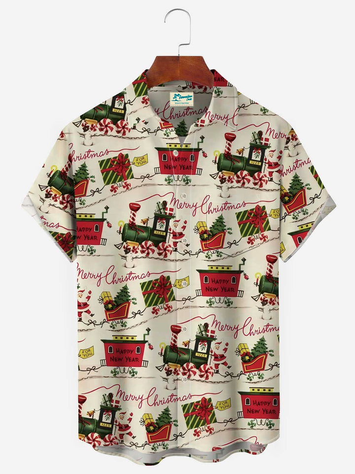 Camisa hawaiana de color caqui para hombre con estampado navideño de Alohadaddy, divertida caricatura de trineo de Papá Noel, camisas con bolsillos y botones de talla grande