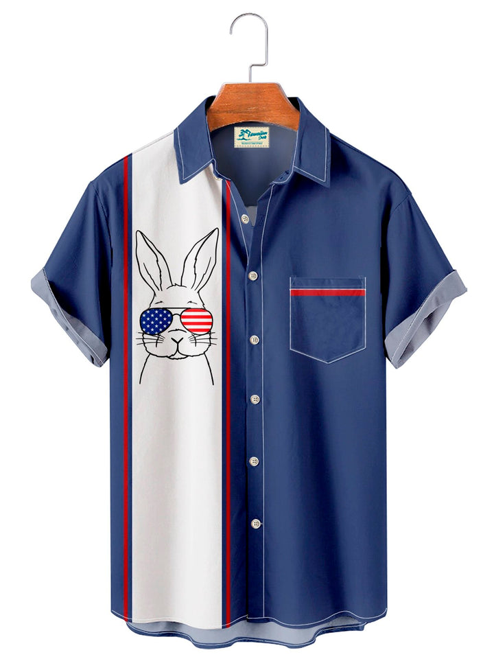 Alohadaddy Vintage Bowling Splice Easter Rabbit Flag Print Chest Bag Holiday Shirt Plus Size Shirt
