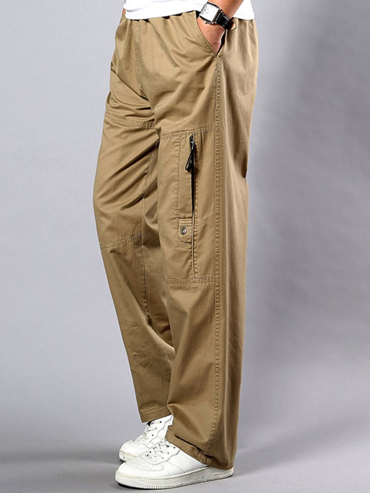 Pantalones casuales de algodón de corte holgado y recto con cinturón elástico para hombre en tallas grandes