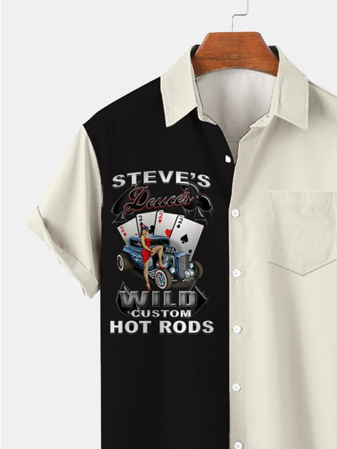 Camisa con diseño creativo y estampado de póster de coche retro para hombre con bolsillos