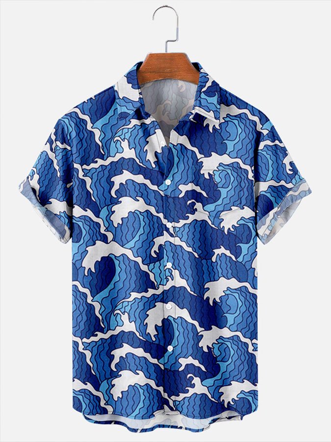 Camisas hawaianas de manga corta con bolsillo en el pecho, informales, transpirables y con estampado de ondas japonesas Ukiyoe para hombre