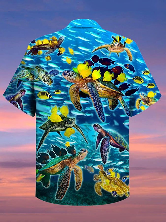 Camisa hawaiana de manga corta con estampado de tortugas y peces para hombre