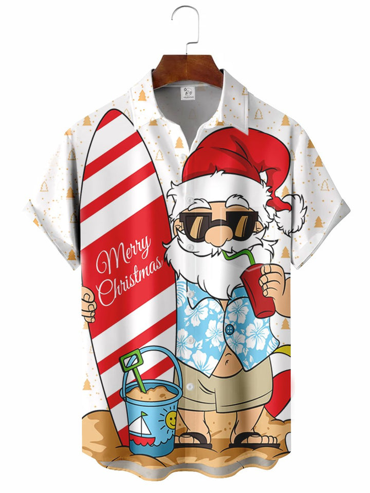 Camisa casual de manga corta con estampado divertido de Papá Noel para hombre