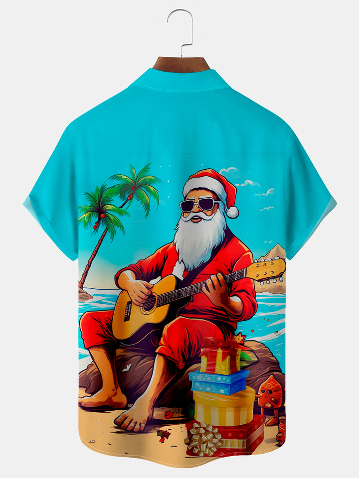 Camisa con bolsillo abotonado para hombre con estampado navideño de Papá Noel y guitarra Alohadaddy