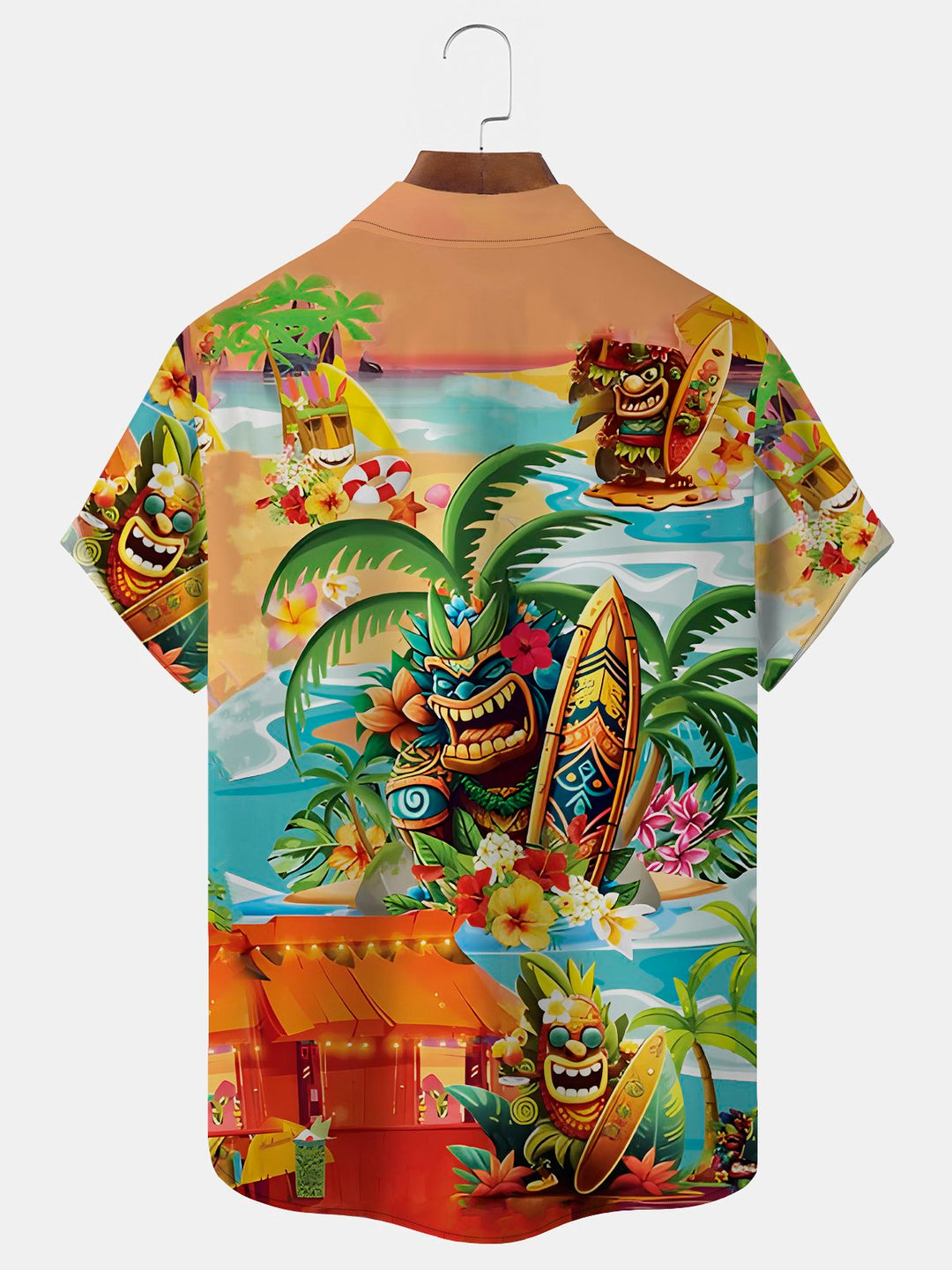 Chemise à boutons et poches pour homme avec imprimé cocotiers hawaïens Tiki d&