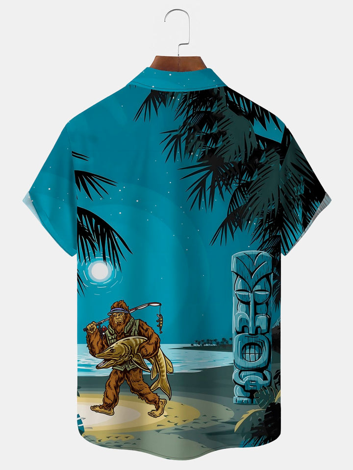 Camisa hawaiana elástica con estampado de Bigfoot y pesca TIKI para hombre de Alohadaddy, camisa de camping con dibujos animados y bolsillo Aloha
