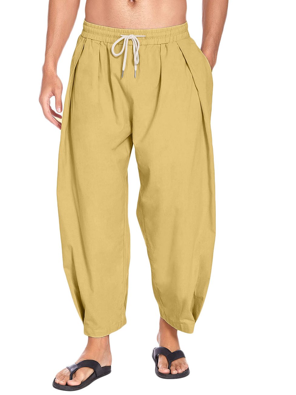 Pantalones capri holgados de lino y algodón con bolsillos y cordón ajustable de Alohadaddy