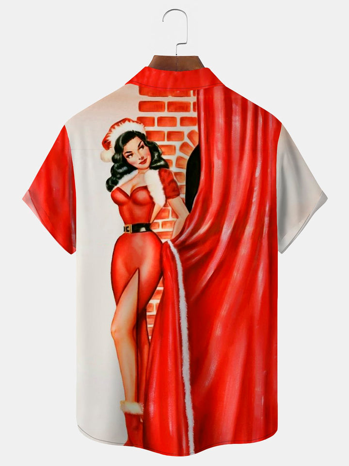 Camisas hawaianas rojas navideñas de Alohadaddy, camisas navideñas con bolsillos para campamento de dibujos animados para niñas, talla grande