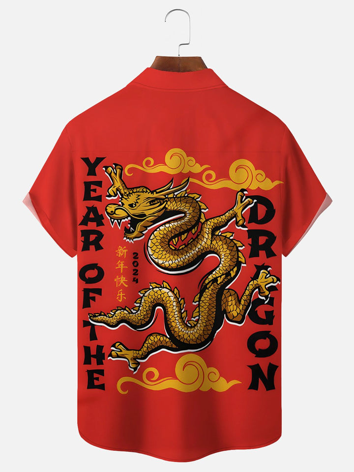 Camisas de hombre Alohadaddy de Año Nuevo con diseño de dragón oriental rojo, elásticas, japonesas, de fácil cuidado, con bolsillos festivos, grandes y altas