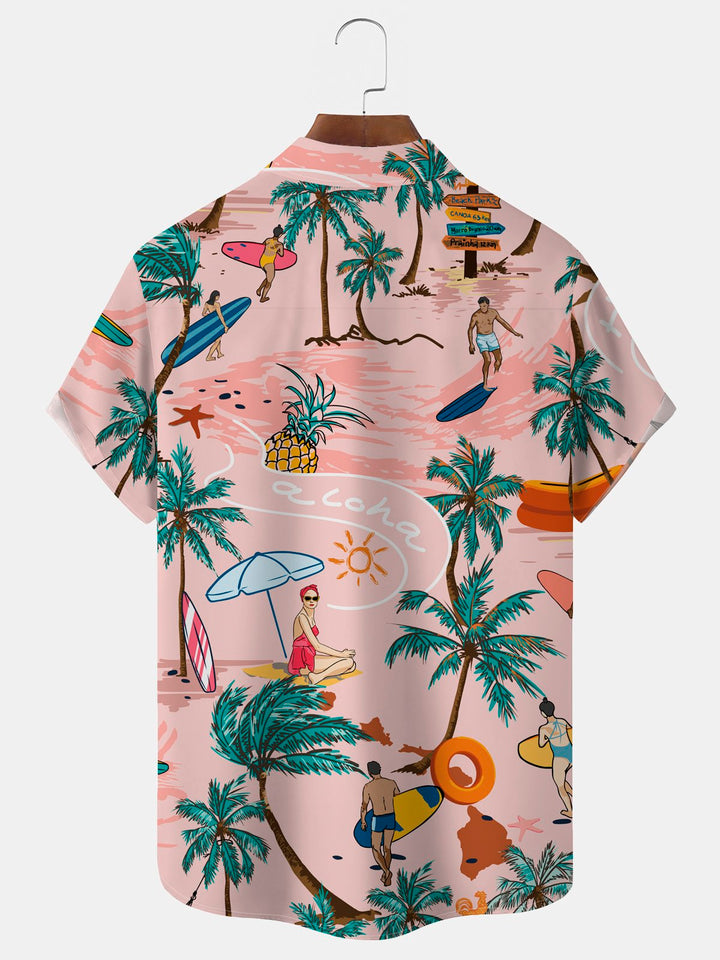 Camisa con bolsillos abotonados para hombre con estampado botánico de surf hawaiano Alohadaddy