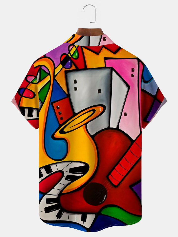Camisa con bolsillo abotonado para hombre con estampado artístico de instrumentos musicales vintage de Alohadaddy