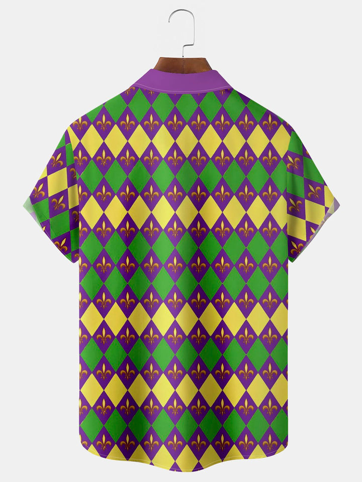 Camisa de manga corta con bolsillo abotonado para hombre con estampado Mardi Gras de Alohadaddy
