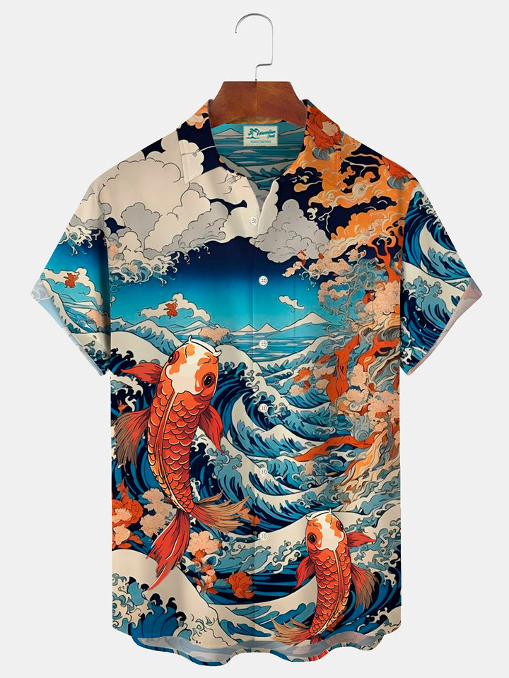 Camisa de manga corta con bolsillo abotonado y estampado vintage Ukiyoe Koi para hombre de Alohadaddy