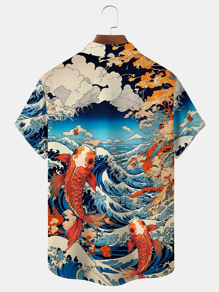 Camisa de manga corta con bolsillo abotonado y estampado vintage Ukiyoe Koi para hombre de Alohadaddy