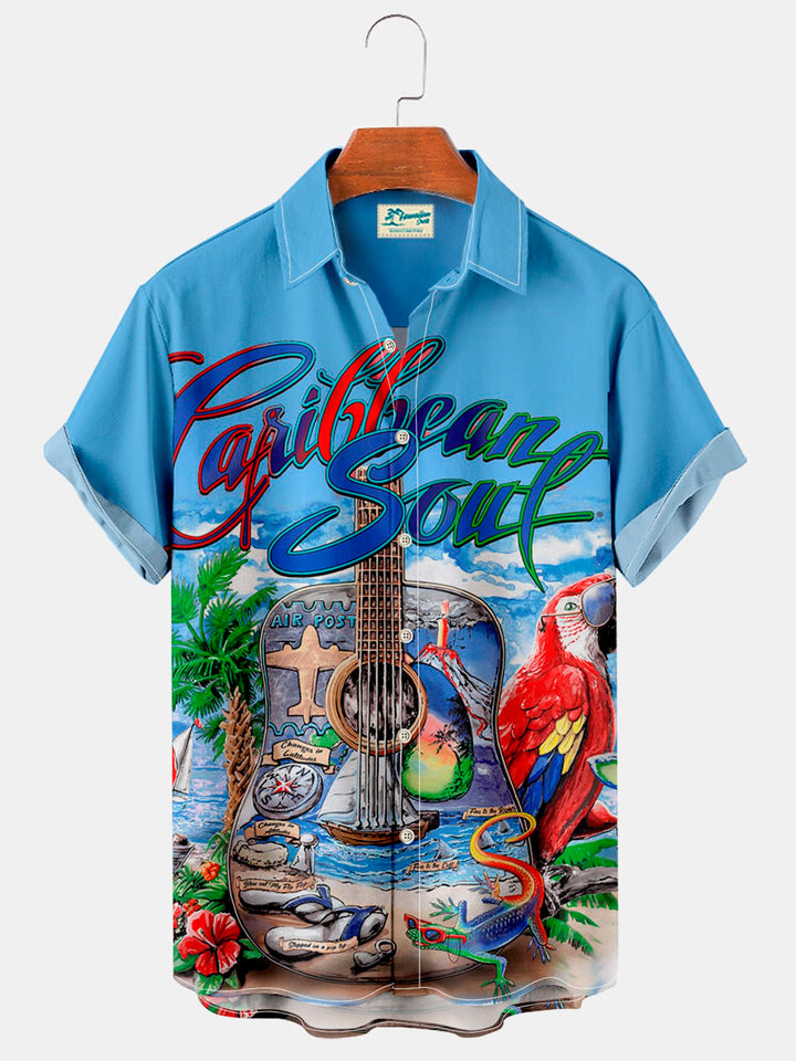 Chemises des Caraïbes pour hommes Alohadaddy Pirate, instrument de musique, imprimé perroquet, poche poitrine, chemise de vacances, chemise bleue surdimensionnée