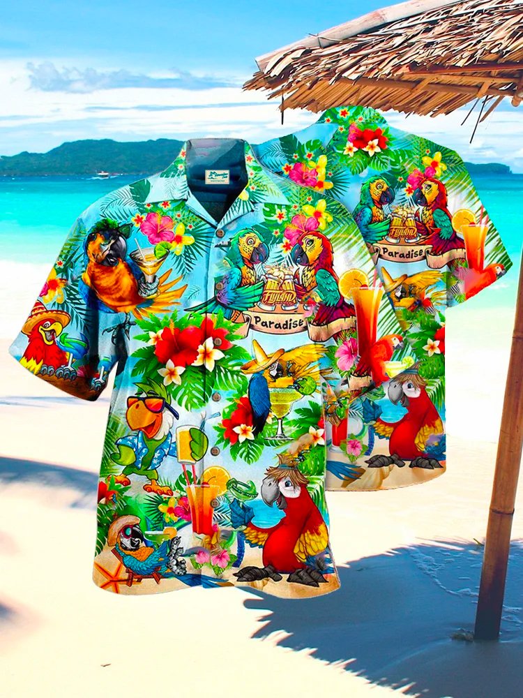 Camisa hawaiana grande y alta con estampado de loro Paradise para hombre, cuello de campamento, Alohadaddy