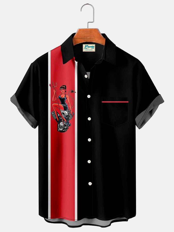 Alohadaddy Vintage Devil Biker Print Pocket Bowling Shirt