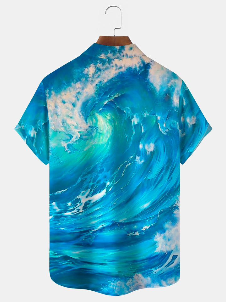 Camisa hawaiana de manga corta extragrande con bolsillos y estampado de olas para hombre de Alohadaddy