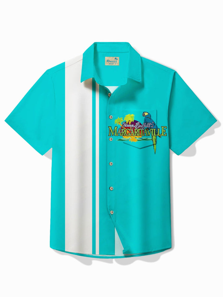 Camisa de manga corta con bolsillo abotonado para hombre con estampado de rayas de loro hawaiano en contraste Alohadaddy