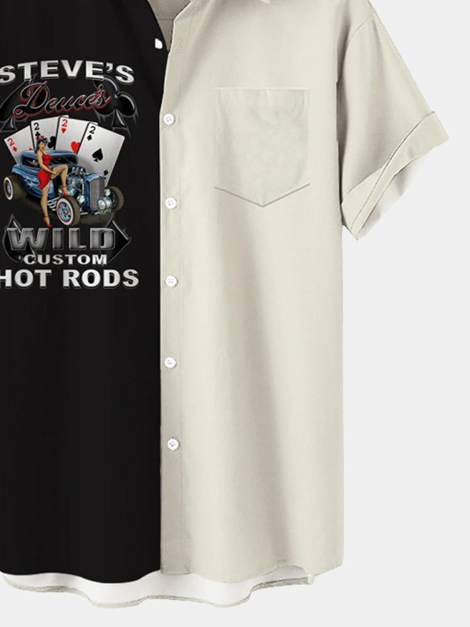 Camisa con diseño creativo y estampado de póster de coche retro para hombre con bolsillos