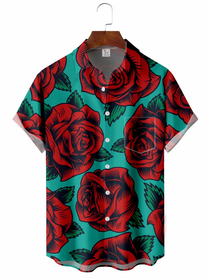Chemise décontractée à manches courtes avec motif de roses pour la Saint-Valentin