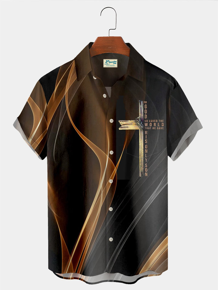 Alohadaddy Holiday Easter Cross Aurora Print Chest Bag Shirt Plus Size Black Shirt