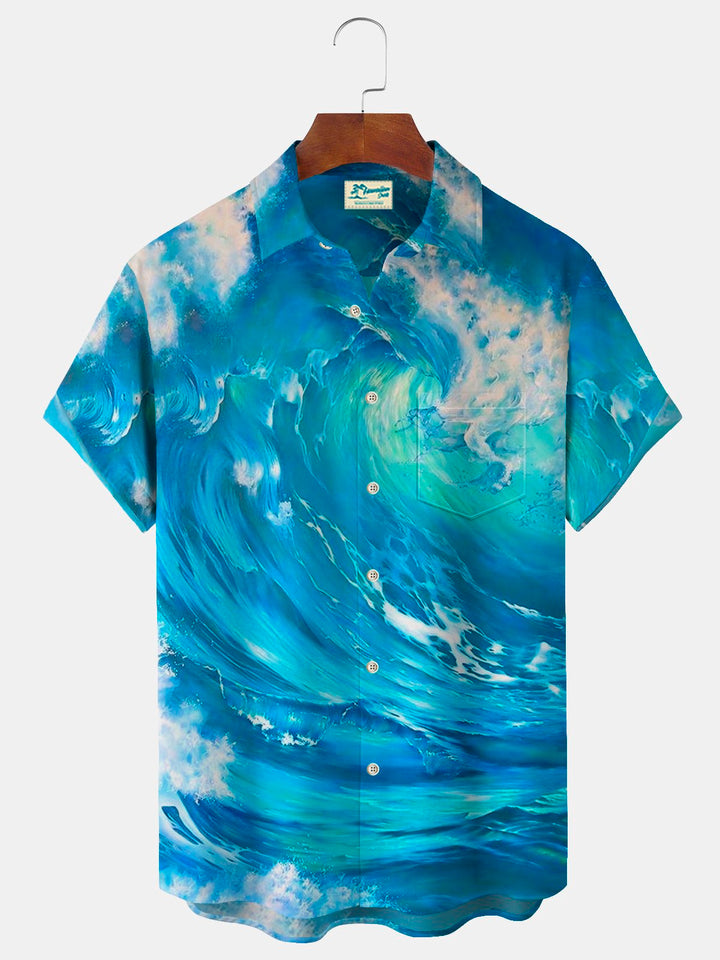 Camisa hawaiana de manga corta extragrande con bolsillos y estampado de olas para hombre de Alohadaddy